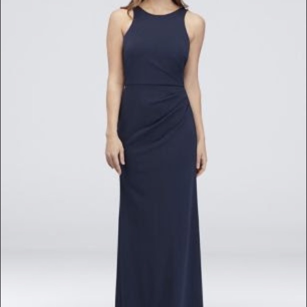 Navy Draped Scuba Crepe High-Neck Mermaid Dress